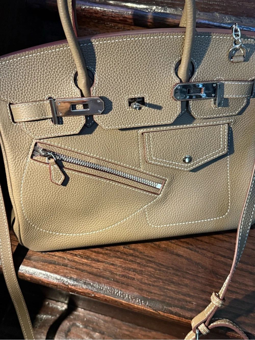 Leather Satchel Handbag in Taupe - Designer-Inspired Women Bag